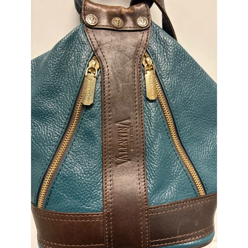 Vintage Valentina Pebble Leather Convertible Teal Brown Made in Italy Good